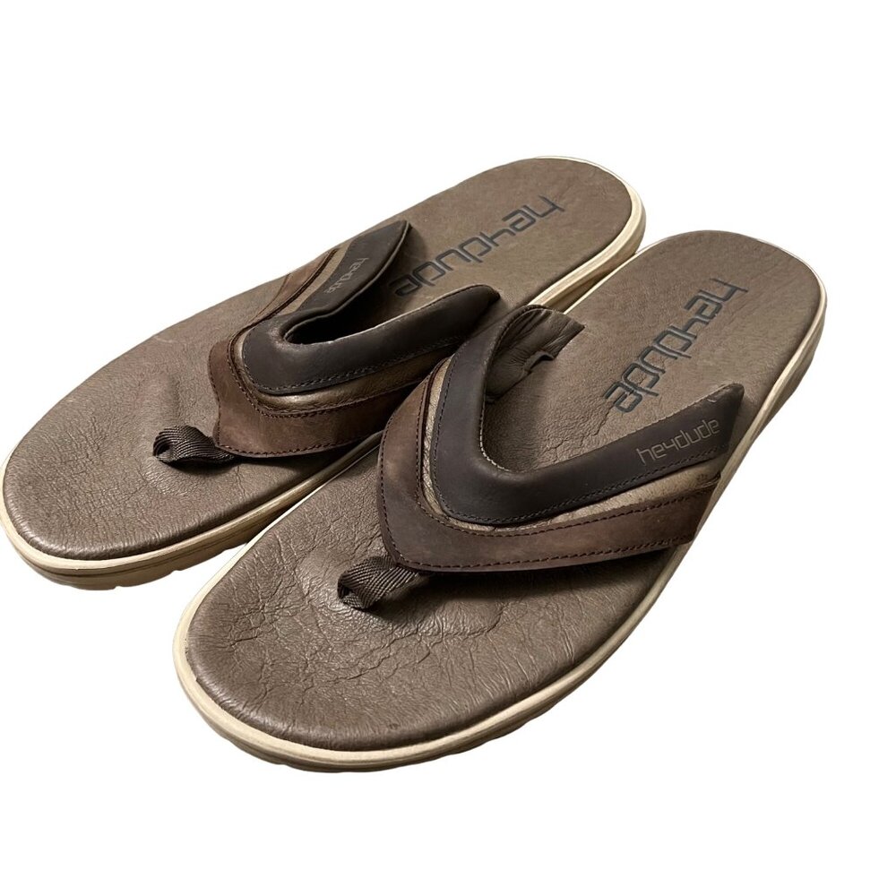 Heydude Dark Brown Leather Flinn Flip Flop Sandals Mens Size 11